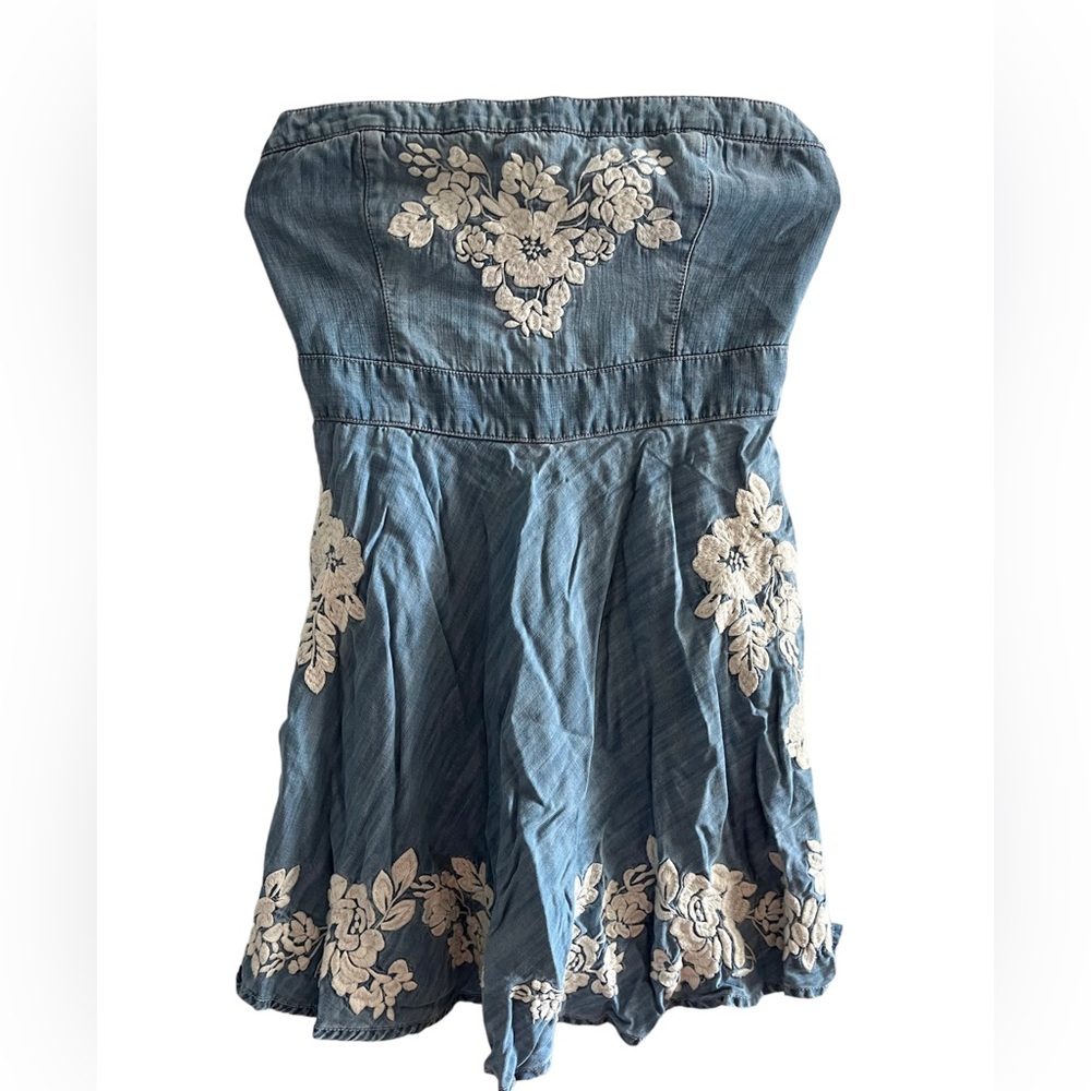 Abercrombie & Fitch Strapless Denim Mini Dress with Cream Floral Embroidery